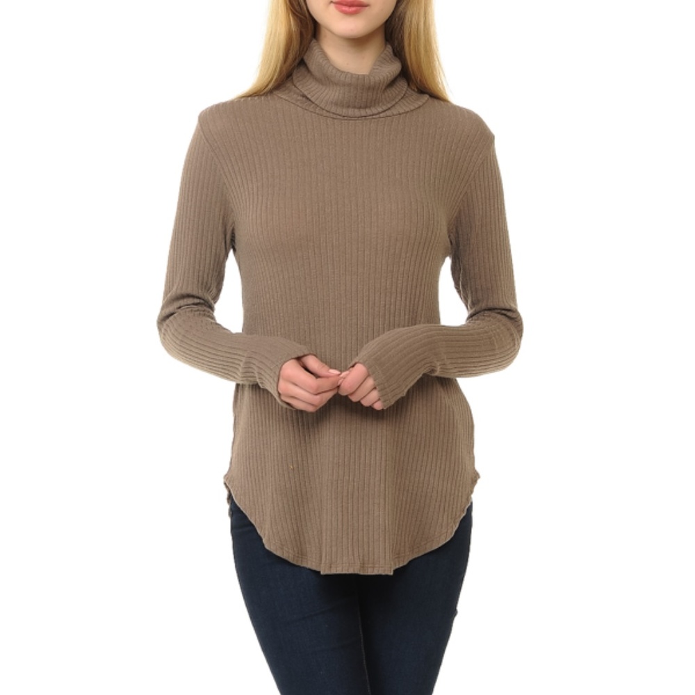 Taupe Curved Hem Top With Thumb Hole